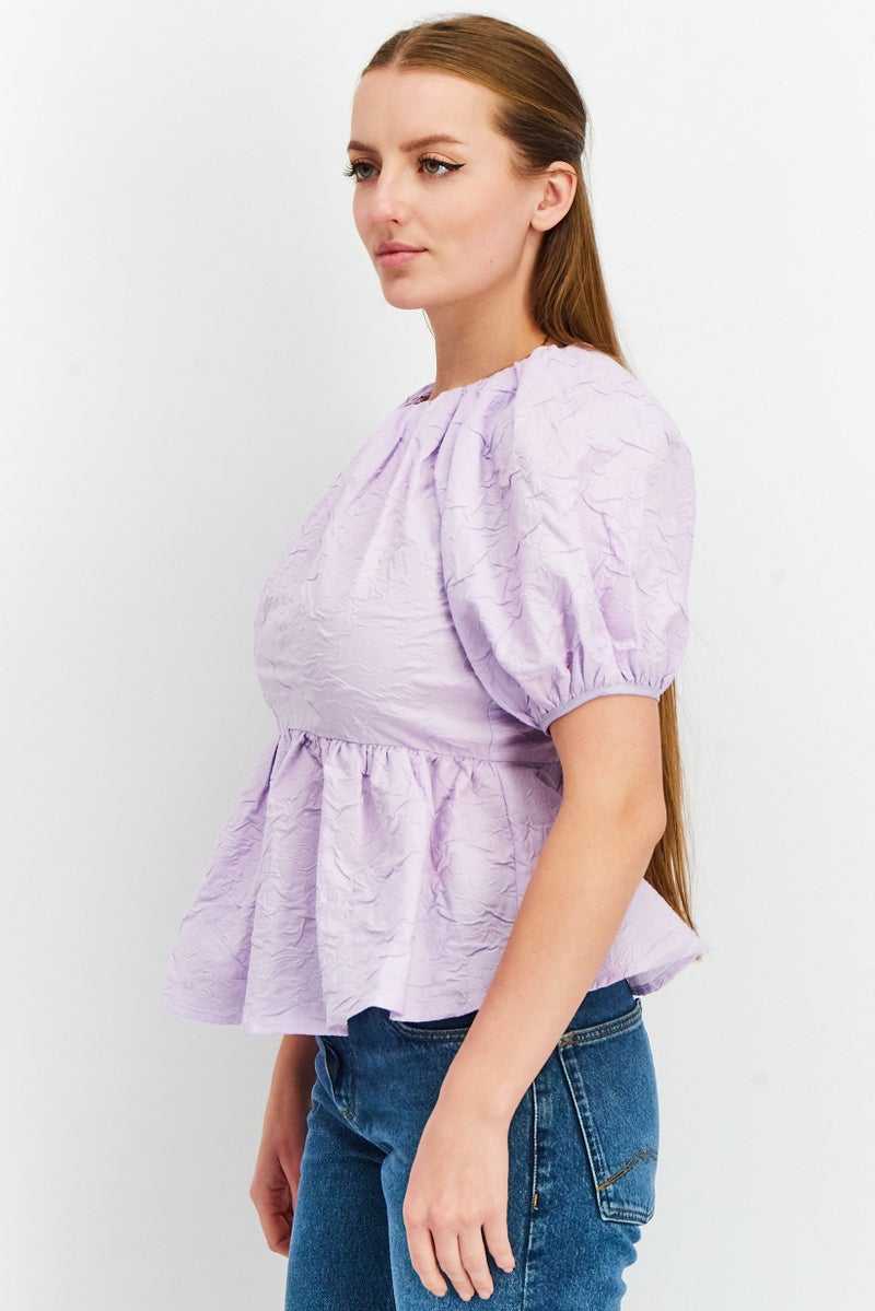 Asos Design Women Crew Neck Balloon Sleeve Textured Top, Lilac - Image 2